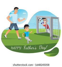 Happy Father Day Greeting Card. Cartoon Family Play Football Game Vector Illustration. Boy Goalkeeper Save Goal Catch Ball. Dad Son Soccer Player Kick Run. Sport Activity Training. Summer Leisure