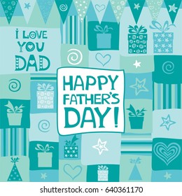 Happy father day. Greeting card. Celebration mint background with gift boxes and place for your text. Vector Illustration Background.