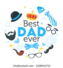 Happy father day greeting round card template with hat, glasses and beard. Vector illustration.