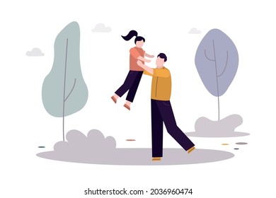 Happy father day. Handsome dad spends time with daughter. Cartoon family activities concept. Happiness daddy with preschool kid playing. Funny people on recreation and vacation. Vector illustration