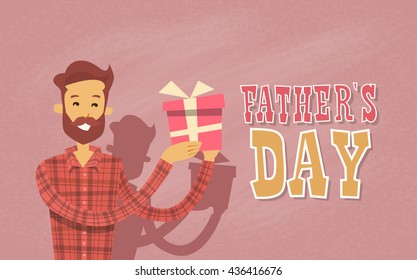 Happy Father Day Holiday, Man Dad Hold Present Box Flat Vector Illustration