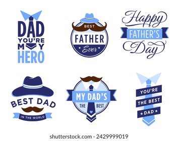 Feliz Día del Padre. Insignias masculinas con sombrero, bigote y corbata, el mejor papá del mundo, mi héroe. Regalo para el padre. Texto festivo de vacaciones para tarjetas de felicitación emblemas aislados vector conjunto