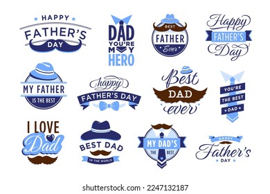 Feliz Día del Padre. Bandera de época para el mejor padre de la historia y papá héroe, conjunto de vectores de stickers de felicitación. Celebración del feriado masculino, elementos para tarjetas de felicitación con letras o texto