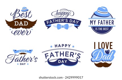 Happy Father Day label. Vintage badge for best father ever and hero dad. Celebrating happy holiday, festive text or quote isolated vector set. Phrase with mustache, bow tie and hat