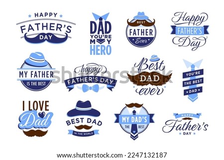 Happy Father Day label. Vintage badge for best father ever and hero dad, congratulation sticker vector set. Celebrating male holiday, elements for greeting cards with lettering or text ストックフォト © 