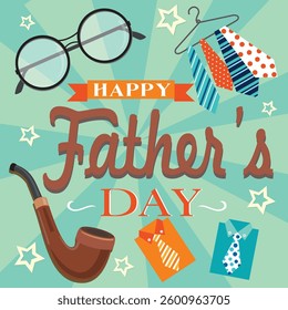 Happy father' day with lettering, glasses, pipe and tie