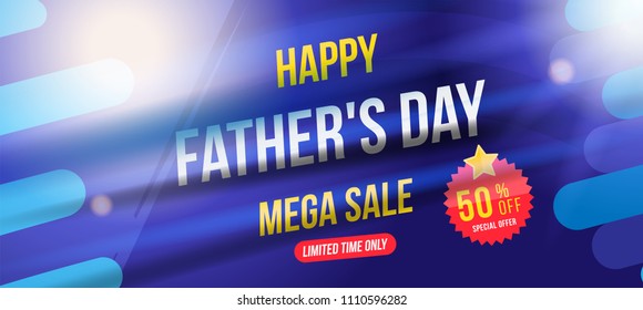 Happy Father Day. Mega Sale 50 off discount. Horizontal Banner template for design advertising with light effects. Flat vector illustration EPS 10.