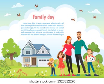 Happy father day, mother day, family holiday daughter and sons hold dad and mother. Concept greeting card flat vector illustration.