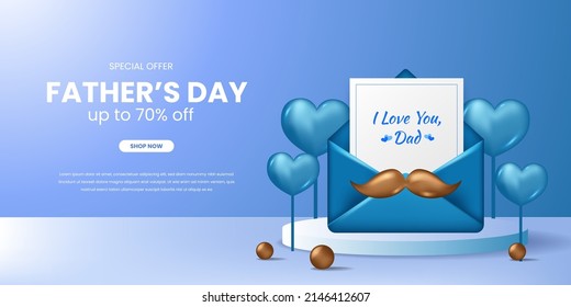 feliz día del padre oferta promoción con carta de amor en la pantalla de producto del escenario del podio con bigote dorado y forma de corazón azul