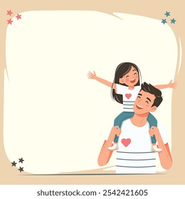 Happy father day. Smiling daughter is sitting on the father's shoulders. Vector illustration in flat cartoon style