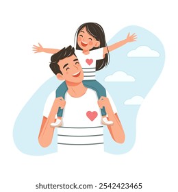 Happy father day. Smiling daughter is sitting on the father's shoulders on white background with clouds. Vector illustration in flat cartoon style