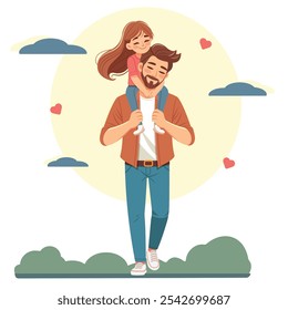 Happy father day. Smiling daughter sits on dad's shoulders and hugs him on nature background. Poster, Banner, Flyer, Greeting Card. Vector illustration in flat cartoon style