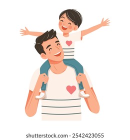 Happy father day. Smiling son is sitting on the father's shoulders on white background. Vector illustration in flat cartoon style