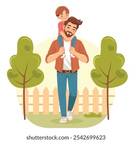Happy father day. Smiling son sits on dad's shoulders and hugs him on nature background. Poster, Banner, Flyer, Greeting Card. Vector illustration in flat cartoon style