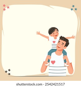 Happy father day. Smiling sun is sitting on the father's shoulders. Vector illustration in flat cartoon style