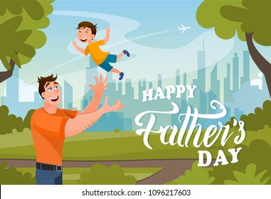Happy Father Day Vector Banner. Cartoon Character of Father Throws up his Son. Play and Jump Outdoor Family Concept at City Park.