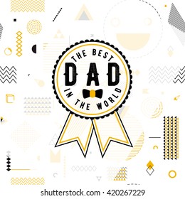 Happy father day wishes vector background on seamless geometric pattern. Fashion lettering greeting card for print or web design with mustache. Modern holiday illustration. Hipster style round badge