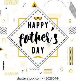 Happy father day wishes vector background on seamless geometric pattern. Fashion lettering greeting card for print or web design with glasses, mustache. Modern holiday illustration. Hipster gold style