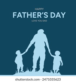 feliz día del padre. feliz día del padre con la silueta azul cielo de papá y los niños. fondo oscuro. te amo papá y día del padre tipografía.