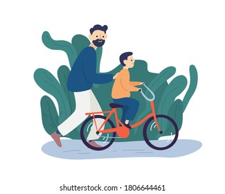 Happy father educates little son to riding on bike at park vector flat illustration. Smiling family spending time together feeling love, trust and support isolated. Joyful guy enjoying parenthood