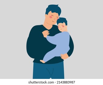 Happy father embraces and hugs his newborn baby with care. Young dad holds his little son and plays with him. Fatherhood experience, positive parenting, happy fathers day concept. Vector illustration