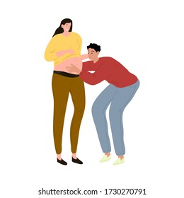 Happy father embracing the belly of his pregnant wife full of love. Vector illustration in the flat cartoon style.