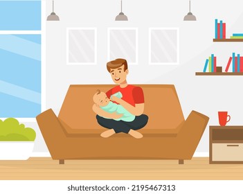 Happy Father Feeding Baby with Milk Bottle Sitting on Sofa Vector Illustration