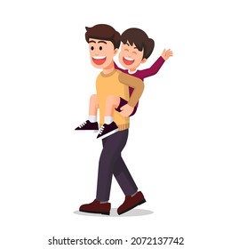 Happy father gives piggyback to his son