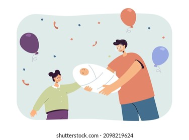 Happy father giving newborn baby to daughter. Balloons and confetti, man holding child flat vector illustration. Family, celebration, love concept for banner, website design or landing web page