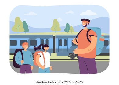 Happy father going on train trip with kids vector illustration. Cartoon drawing of family at railway station going on flight-free journey together. Traveling, vacation, transportation concept