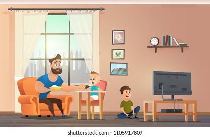 Happy Father Having Fun, Spending Time with Childrens at Home Cartoon Vector. Smiling Dad Feeding Baby Boy in Highchair Porridge with Spoon while Eldest Son Playing Computer Games on TV Illustration