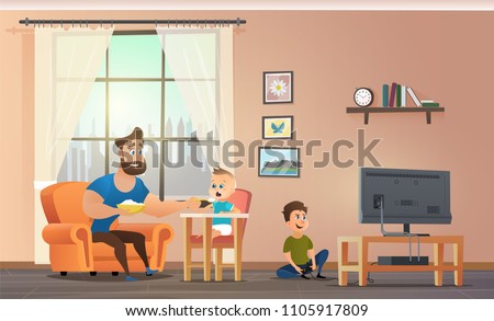 Happy Father Having Fun, Spending Time with Childrens at Home Cartoon Vector. Smiling Dad Feeding Baby Boy in Highchair Porridge with Spoon while Eldest Son Playing Computer Games on TV Illustration