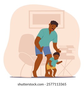 Happy father helping loving toddler son kid to walk safety at home cartoon vector illustration. Cheerful parent leading infant child to make first steps enjoying offspring physical development