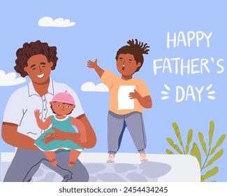 A happy father and his baby daughter and son are having a fun time together. African American family, son singing. Happy father's day. Flat vector illustration hand drawn illustration style. 
