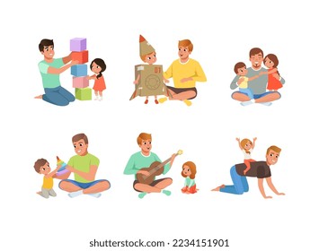 Happy Father with His Little Son and Daughter Spending Time Together Having Fun Vector Set