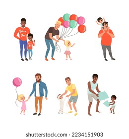 Happy Father with His Little Son and Daughter Spending Time Together Having Fun Vector Set