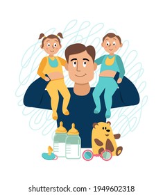 Happy father with his son and daughter in his arms, vector flat illustration. Father's day.