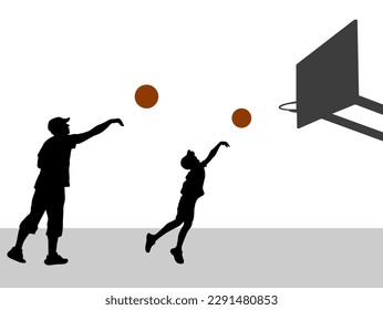 Happy father with his son playing  basketball silhouette, concept vector illustration