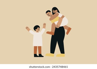 Happy Father with His Two Children Vector Illustration