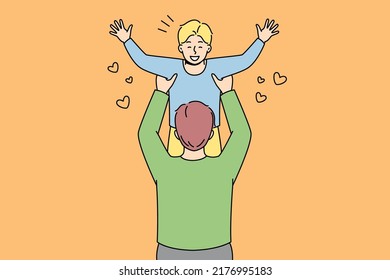 Happy father holding in arms playing with excited small son. Loving dad have fun on weekend with smiling child. Fatherhood and parenthood. Vector illustration. 