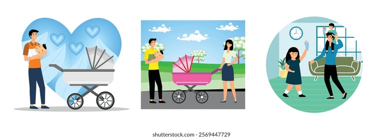 Happy Father Holding Baby. Parents with Baby and Stroller. Happy Family Enjoying ice cream. Set flat vector modern illustration 