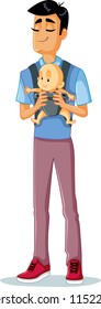  Happy Father Holding Baby in Sling Vector Illustration. Portrait of a single daddy with his cute little child 
