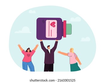 Happy father holding big medicine bottle. Cheerful mother and daughter, man with huge medication jar flat vector illustration. Health, family, pharmacy concept for banner or landing web page