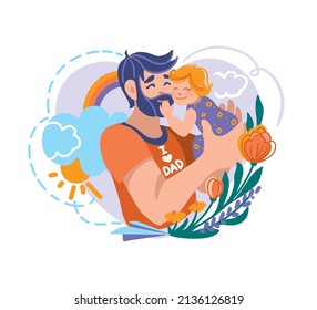 Happy father holding a child in his arms. Father's day greeting card. Vector illustration.