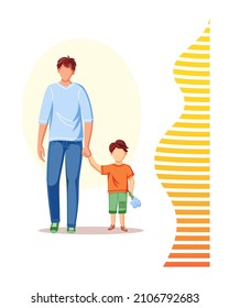 Happy father holding hand of his son. Dad and son bring flowers to pregnant mother. Men's care for women. Scene of togetherness and tenderness. Flat vector illustration isolated on white background