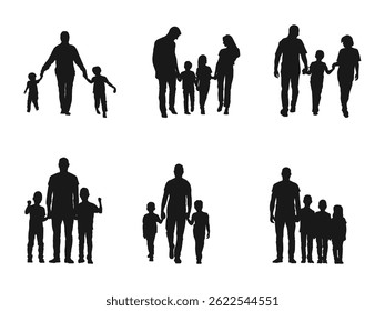A happy father holding hands with children and running against a silhouette. family and children holding hands silhouettes collection. vector isolated on a white background.