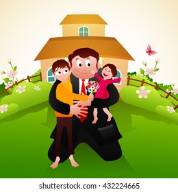 Happy father holding his cute children in front of a beautiful house for Father's Day celebration.