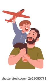 Feliz pai segurando seu filho alegre em seus ombros enquanto o menino brinca com um avião de brinquedo. Ilustração de vetor plano emocionante perfeito para cartões de Dia dos Pais, blogs de criação de filhos, cartazes de família