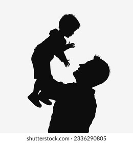 Happy father holding his son in his arms. Black silhouette. Vector illustration