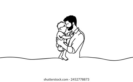 Happy father holding his son in his arms. drawn with one continuous line silhouette. Vector illustration